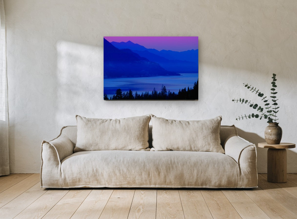 Violet Dusk Lake landscape canvas print on the wall of a living room