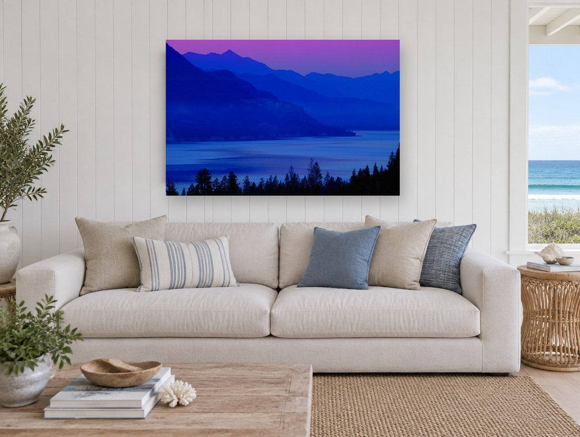 Violet Dusk Lake landscape canvas print on the wall of a beach house living room