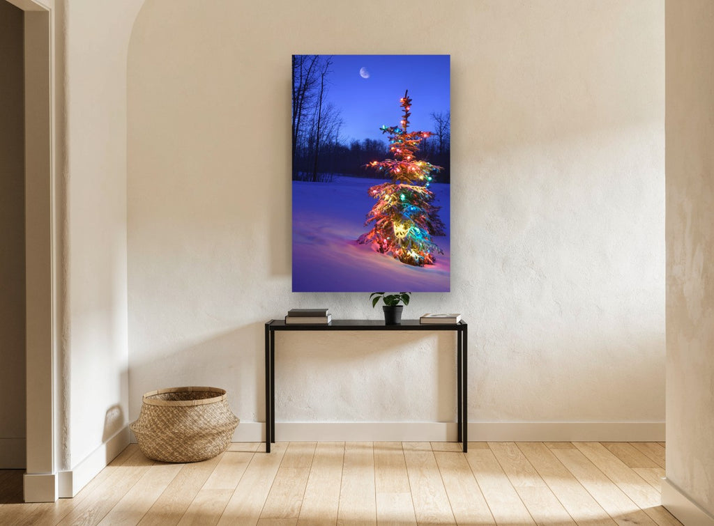 Lit Spruce at Dusk landscape canvas print on the wall of a hallway