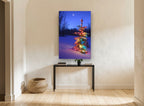 Lit Spruce at Dusk landscape canvas print on the wall of a hallway