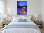 Lit Spruce at Dusk landscape canvas print on the wall of a bedroom