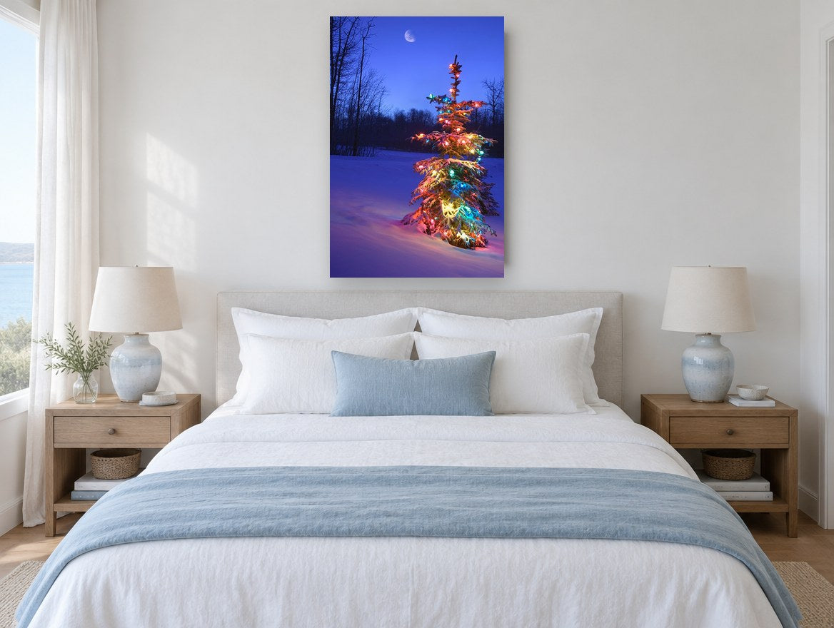Lit Spruce at Dusk landscape canvas print on the wall of a bedroom