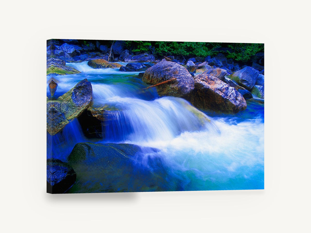 Blue Cascade Boulders, blue river cascade rocks photograph, landscape canvas wall art print ready to hang