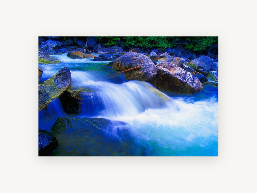 Blue Cascade Boulders, blue river cascade rocks photograph, landscape canvas wall art print, front view