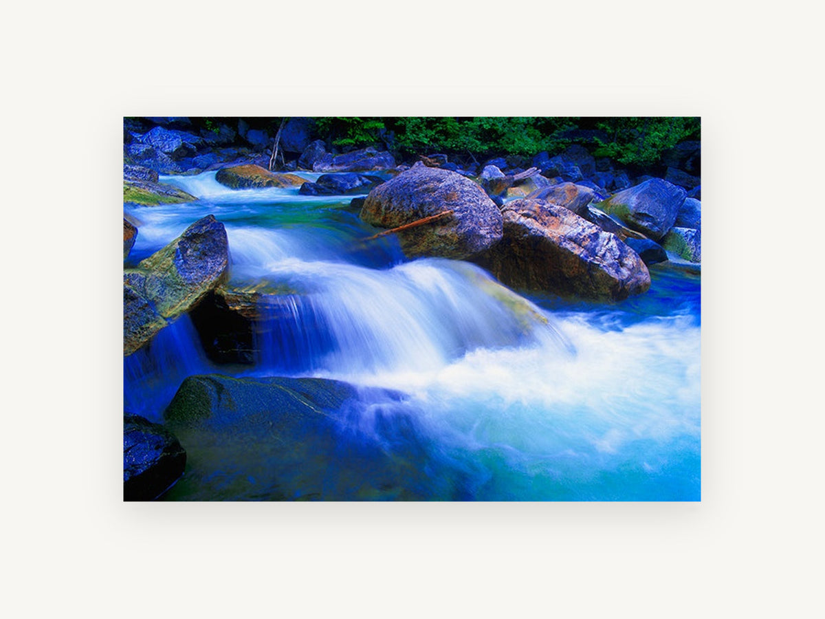 Blue Cascade Boulders, blue river cascade rocks photograph, landscape canvas wall art print, front view