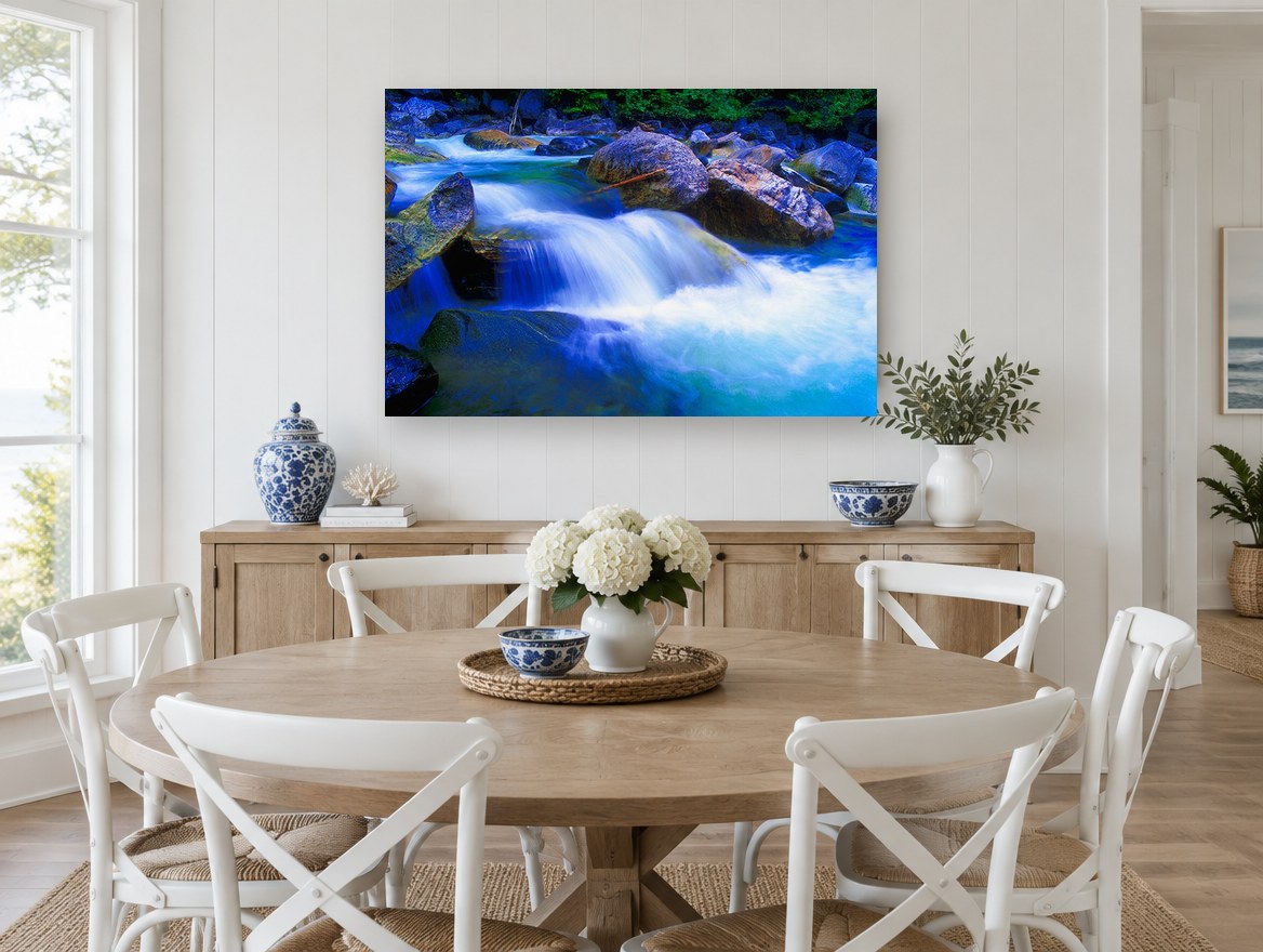 Blue Cascade Boulders landscape canvas print on the wall of a Hamptons dining room