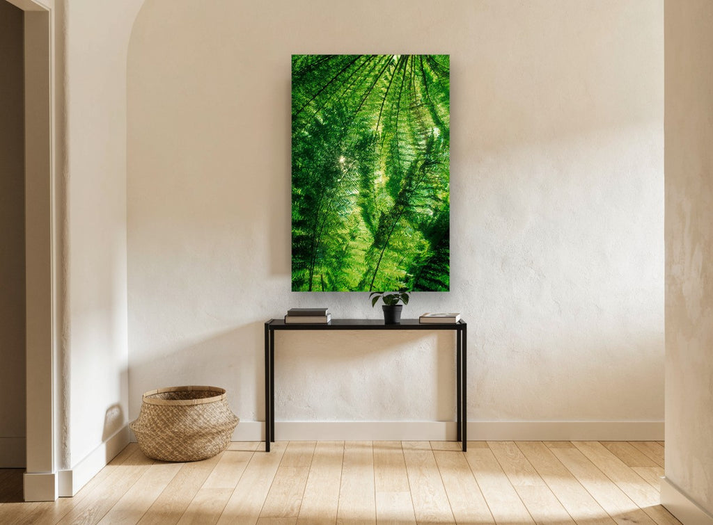 Fern Canopy Glow landscape canvas print on the wall of a hallway