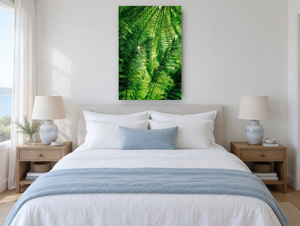 Fern Canopy Glow landscape canvas print on the wall of a bedroom