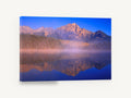 Dawn Mist Mirror, misty mountain lake reflection photograph, landscape canvas wall art print ready to hang