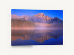 Dawn Mist Mirror, misty mountain lake reflection photograph, landscape canvas wall art print ready to hang