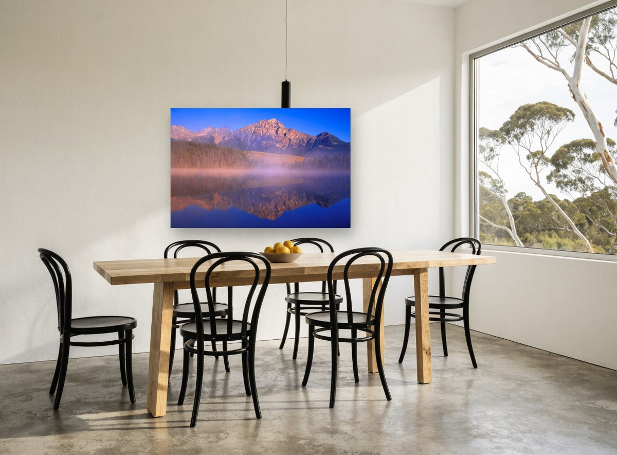 Dawn Mist Mirror landscape canvas print on the wall of a dining room