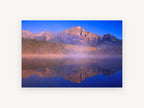 Dawn Mist Mirror, misty mountain lake reflection photograph, landscape canvas wall art print, front view