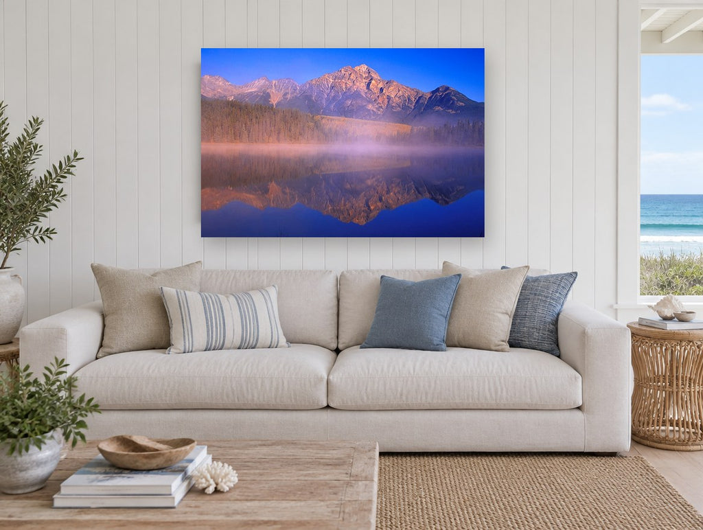 Dawn Mist Mirror landscape canvas print on the wall of a beach house living room
