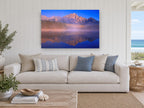 Dawn Mist Mirror landscape canvas print on the wall of a beach house living room