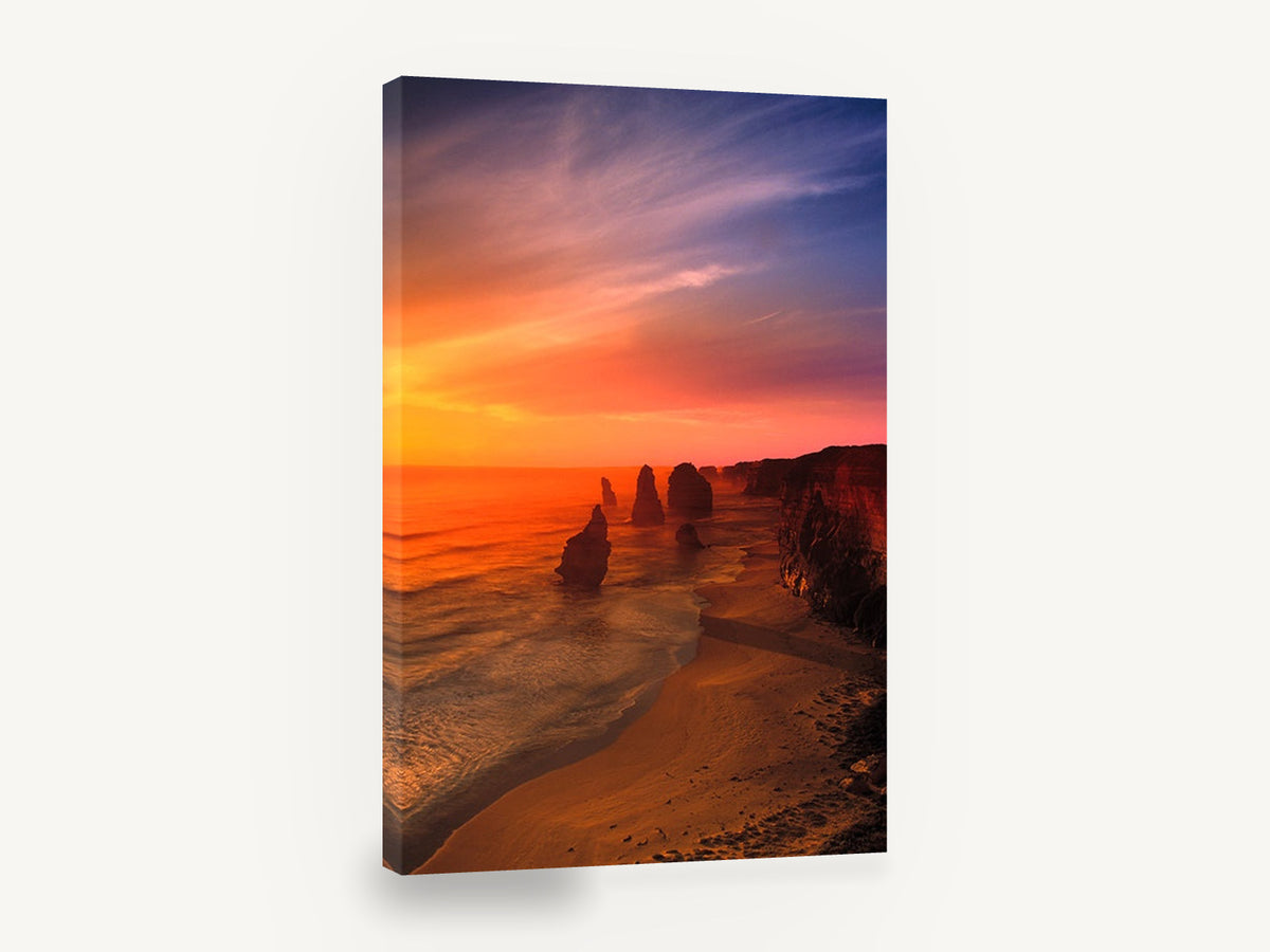 Ember Sky Sea Stacks, sunset sea stacks coastal photograph, coastal canvas wall art print ready to hang