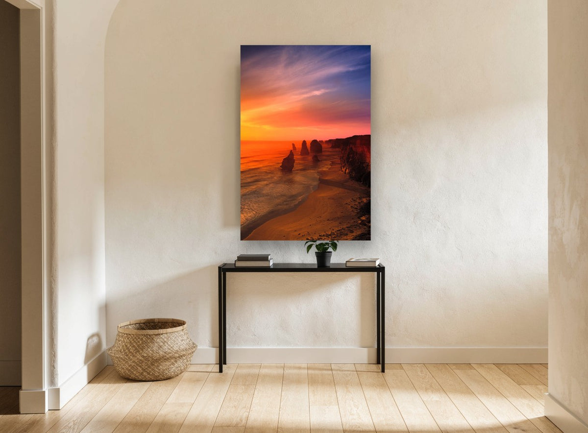 Ember Sky Sea Stacks coastal canvas print on the wall of a hallway