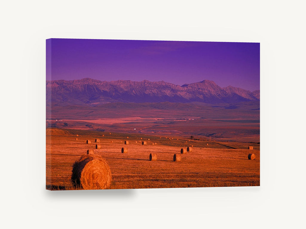 Purple Dusk Hay Fields, hay bales mountain sunset photograph, landscape canvas wall art print ready to hang