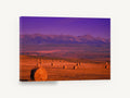 Purple Dusk Hay Fields, hay bales mountain sunset photograph, landscape canvas wall art print ready to hang
