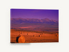 Purple Dusk Hay Fields, hay bales mountain sunset photograph, landscape canvas wall art print ready to hang
