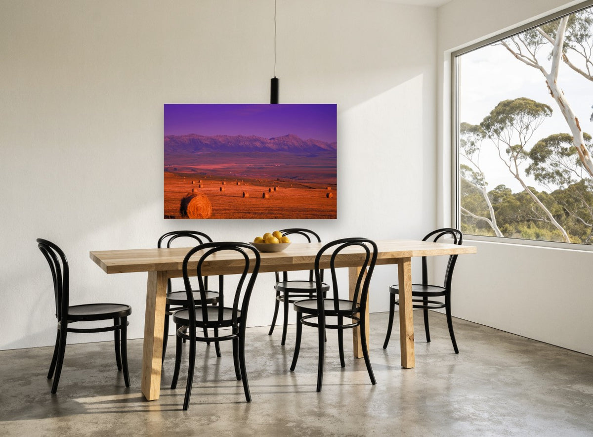 Purple Dusk Hay Fields landscape canvas print on the wall of a dining room