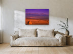 Purple Dusk Hay Fields landscape canvas print on the wall of a living room