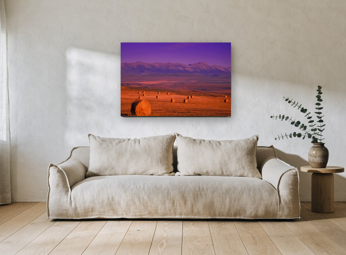 Purple Dusk Hay Fields landscape canvas print on the wall of a living room