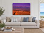 Purple Dusk Hay Fields landscape canvas print on the wall of a beach house living room