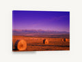 Purple Dusk Hay Bales, hay bales mountain sunset photograph, landscape canvas wall art print ready to hang