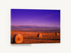 Purple Dusk Hay Bales, hay bales mountain sunset photograph, landscape canvas wall art print ready to hang