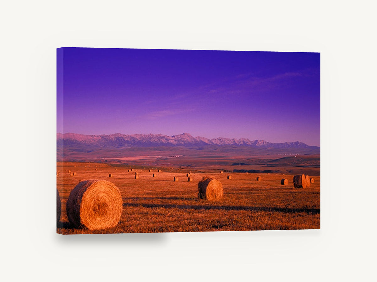 Purple Dusk Hay Bales, hay bales mountain sunset photograph, landscape canvas wall art print ready to hang