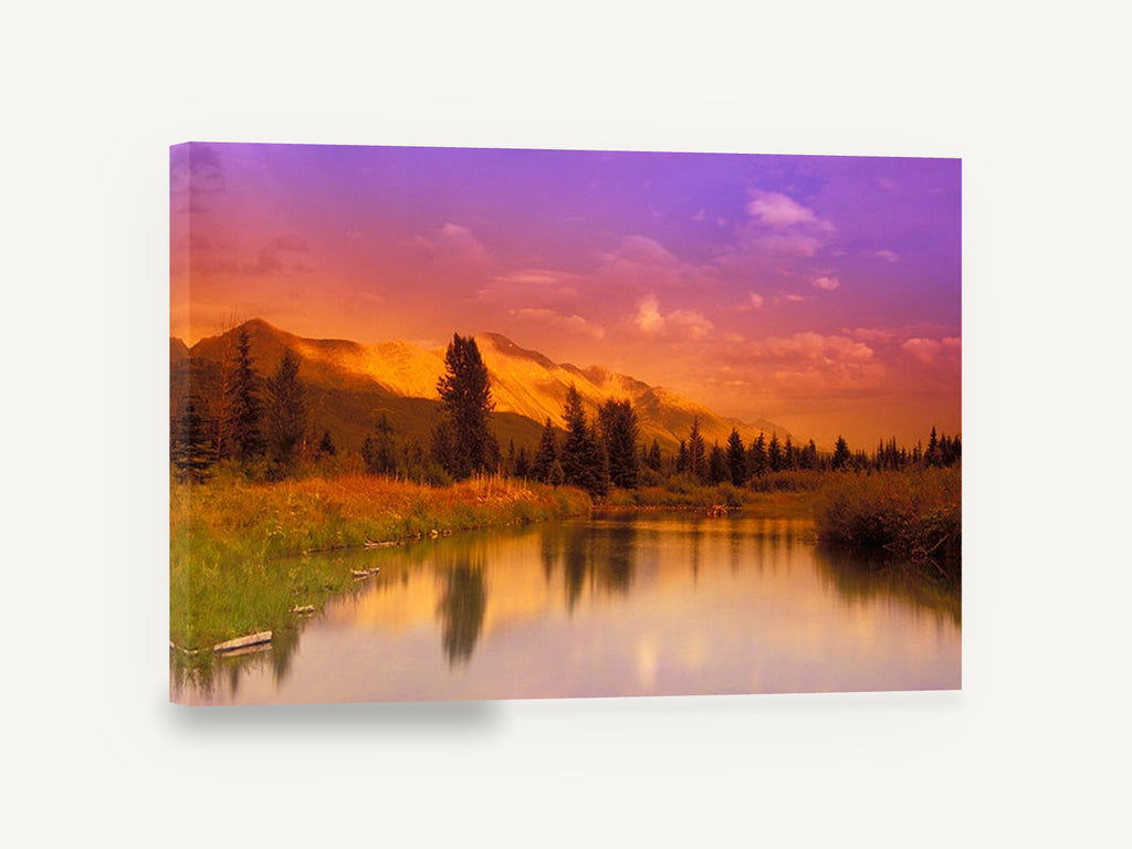 Violet Dusk Ridge, sunset mountain river reflection photograph, landscape canvas wall art print ready to hang
