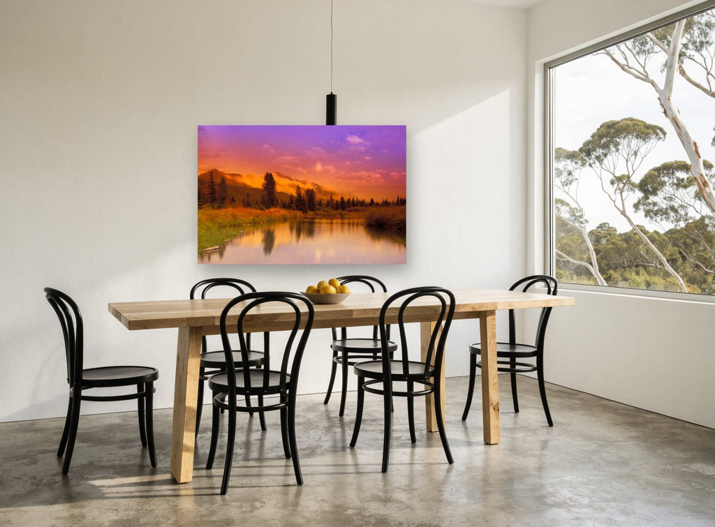Violet Dusk Ridge landscape canvas print on the wall of a dining room