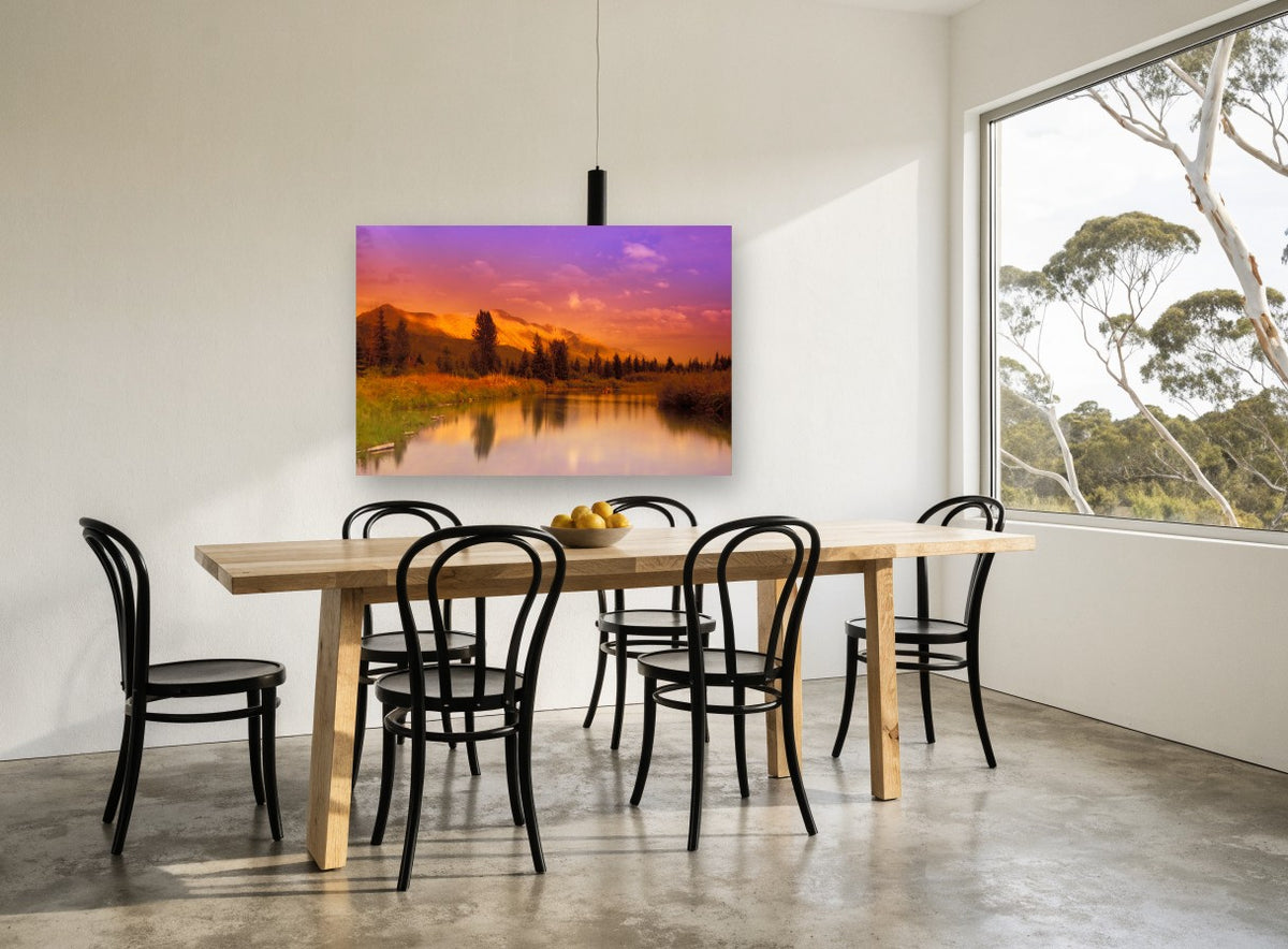Violet Dusk Ridge landscape canvas print on the wall of a dining room