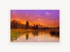 Violet Dusk Ridge, sunset mountain river reflection photograph, landscape canvas wall art print, front view