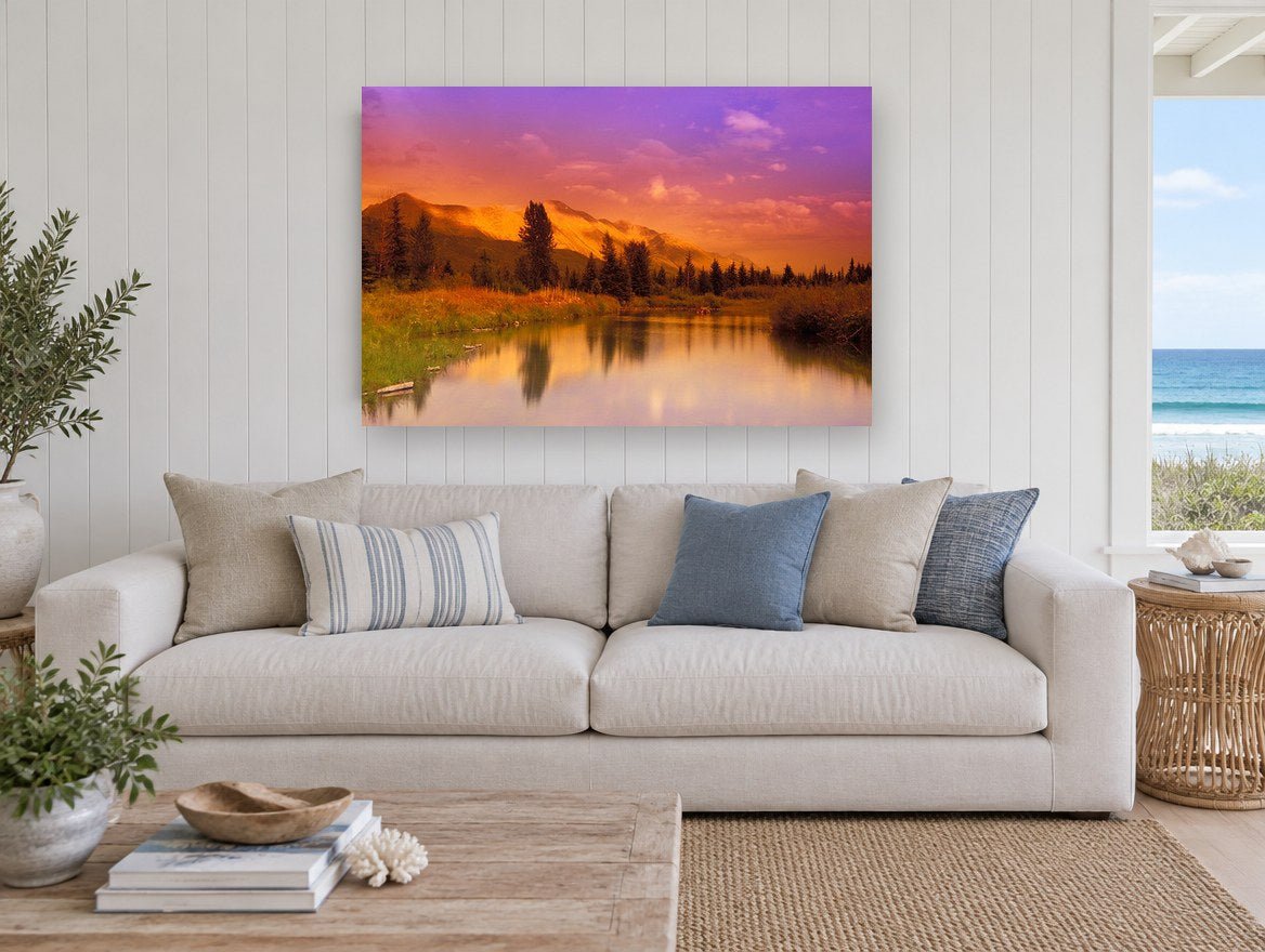 Violet Dusk Ridge landscape canvas print on the wall of a beach house living room