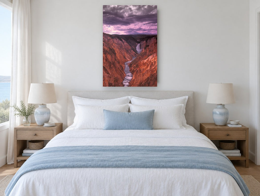 Canyon Falls at Dusk landscape canvas print on the wall of a bedroom