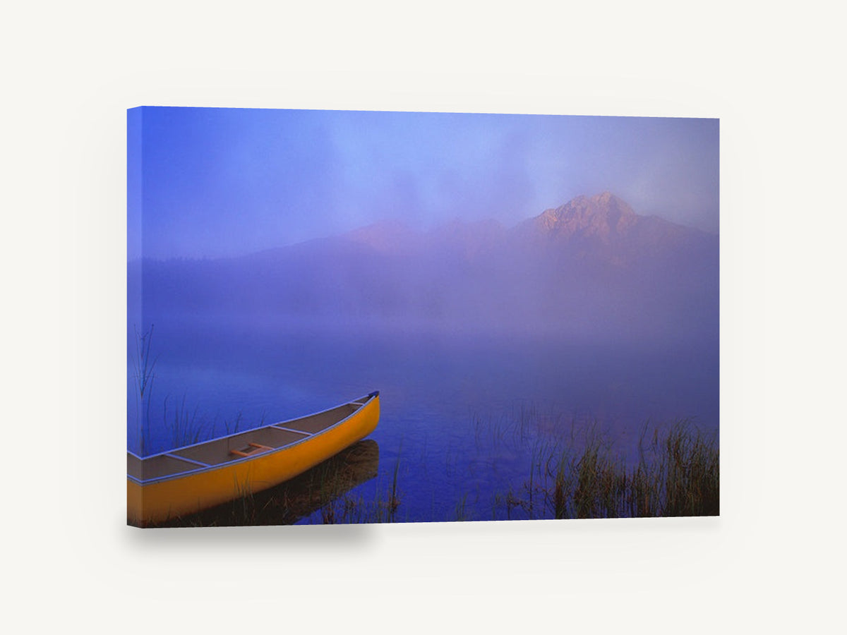 Yellow Canoe at Dawn, yellow canoe misty lake photograph, landscape canvas wall art print ready to hang