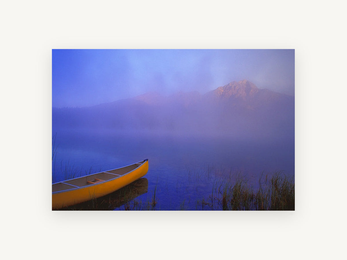 Yellow Canoe at Dawn, yellow canoe misty lake photograph, landscape canvas wall art print, front view