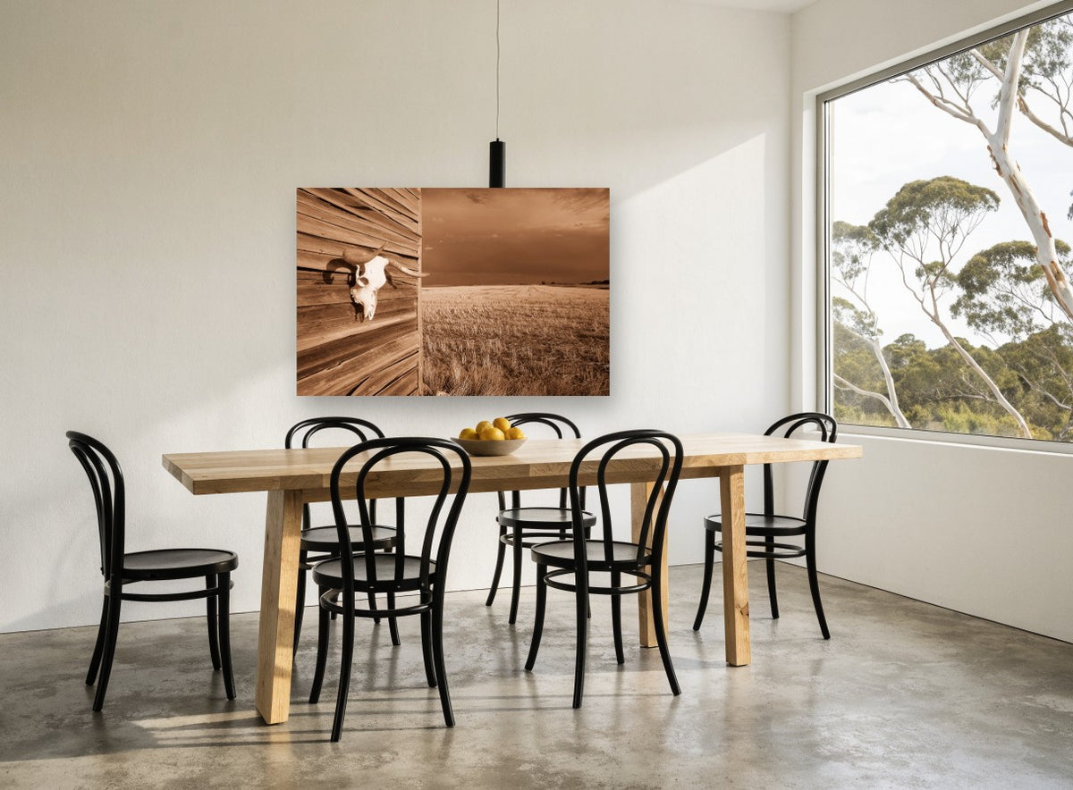 Skull on the Barn landscape canvas print on the wall of a dining room