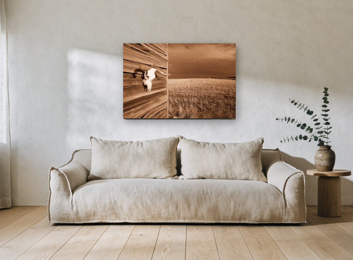 Skull on the Barn landscape canvas print on the wall of a living room
