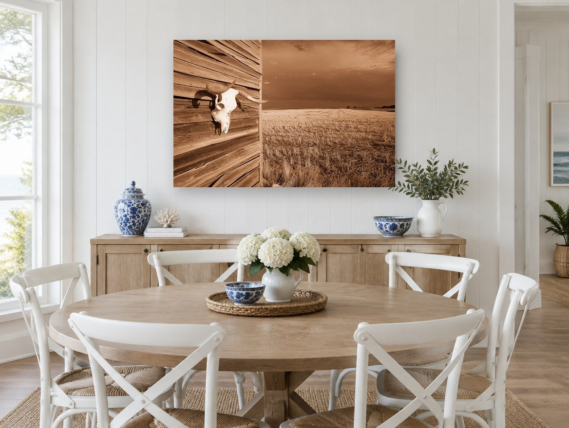 Skull on the Barn landscape canvas print on the wall of a Hamptons dining room