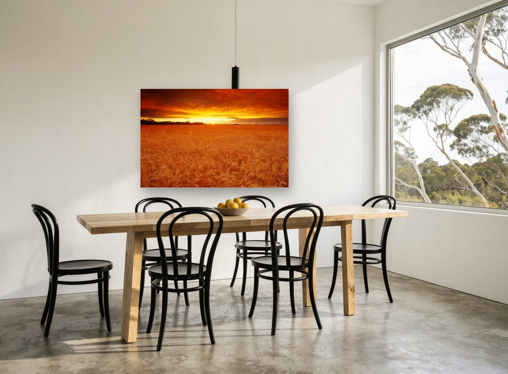 Ember Wheat Horizon landscape canvas print on the wall of a dining room
