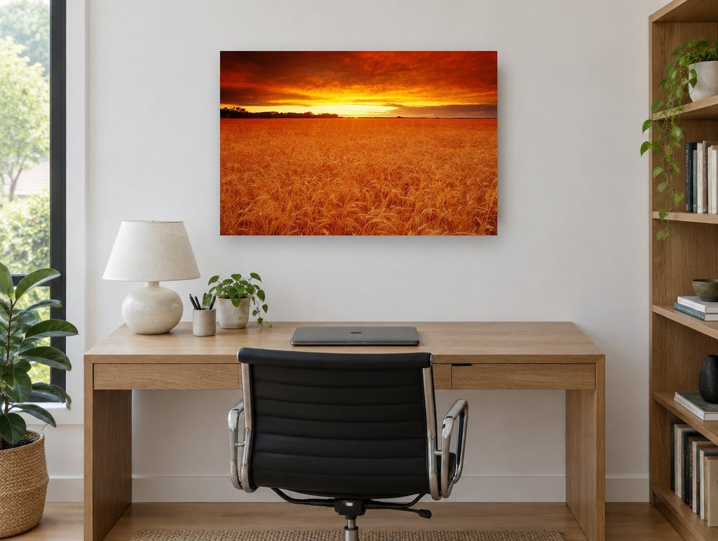 Ember Wheat Horizon landscape canvas print on the wall of a study