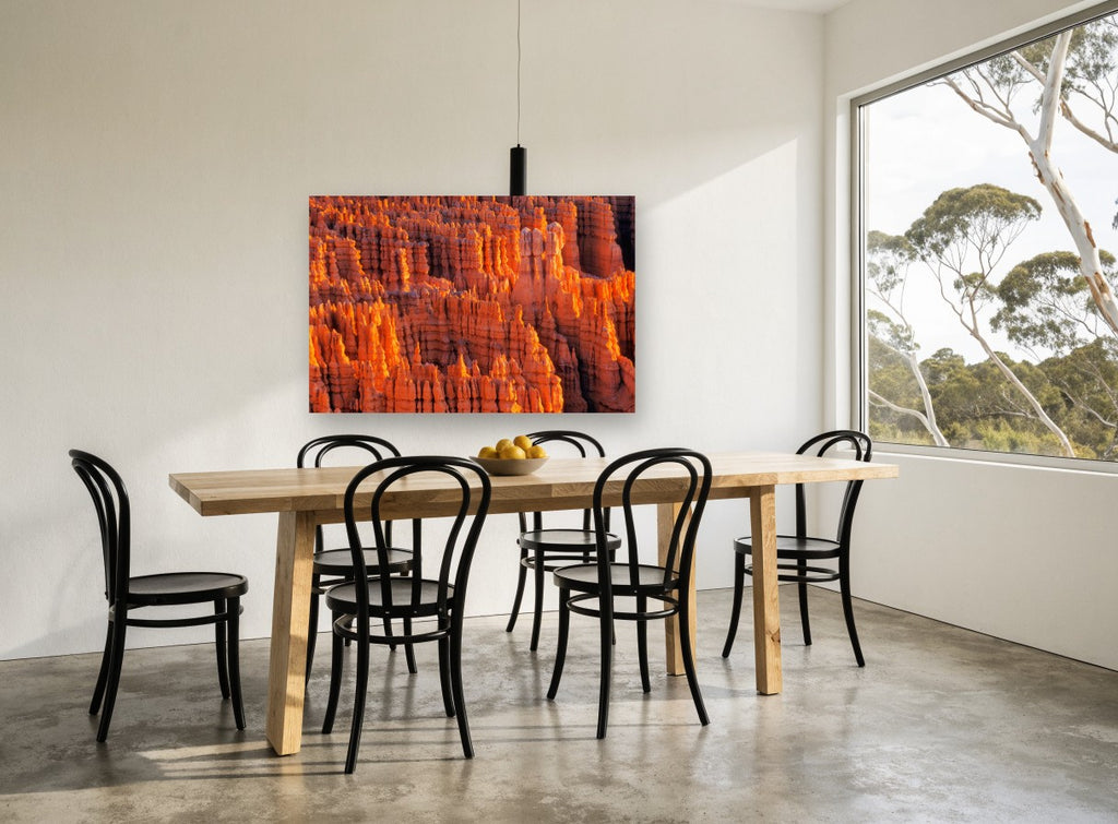 Glowing Hoodoo Amphitheatre landscape canvas print on the wall of a dining room
