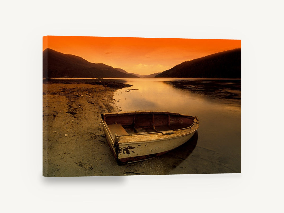 Stranded Rowboat Dusk, rowboat on lake at sunset photograph, landscape canvas wall art print ready to hang