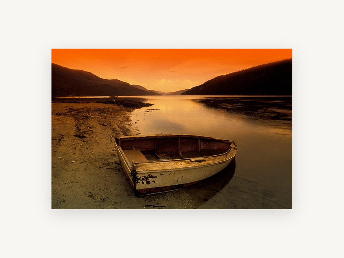 Stranded Rowboat Dusk, rowboat on lake at sunset photograph, landscape canvas wall art print, front view