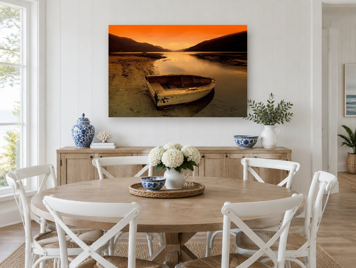 Stranded Rowboat Dusk landscape canvas print on the wall of a Hamptons dining room