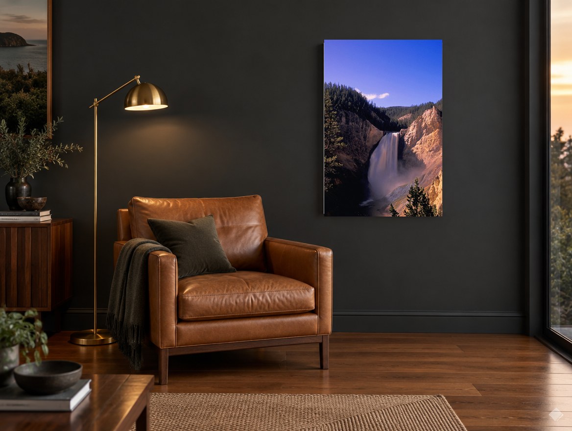 Golden Gorge Cascade landscape canvas print on the wall of a charcoal living room