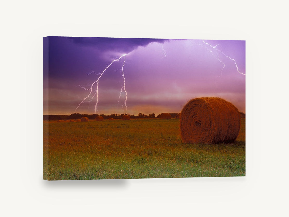 Lightning Over Hay Bales, lightning storm over hay field photograph, landscape canvas wall art print ready to hang