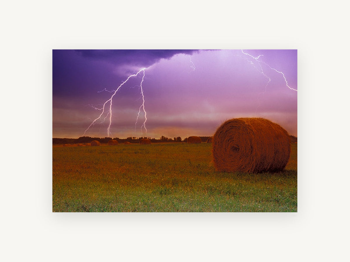 Lightning Over Hay Bales, lightning storm over hay field photograph, landscape canvas wall art print, front view